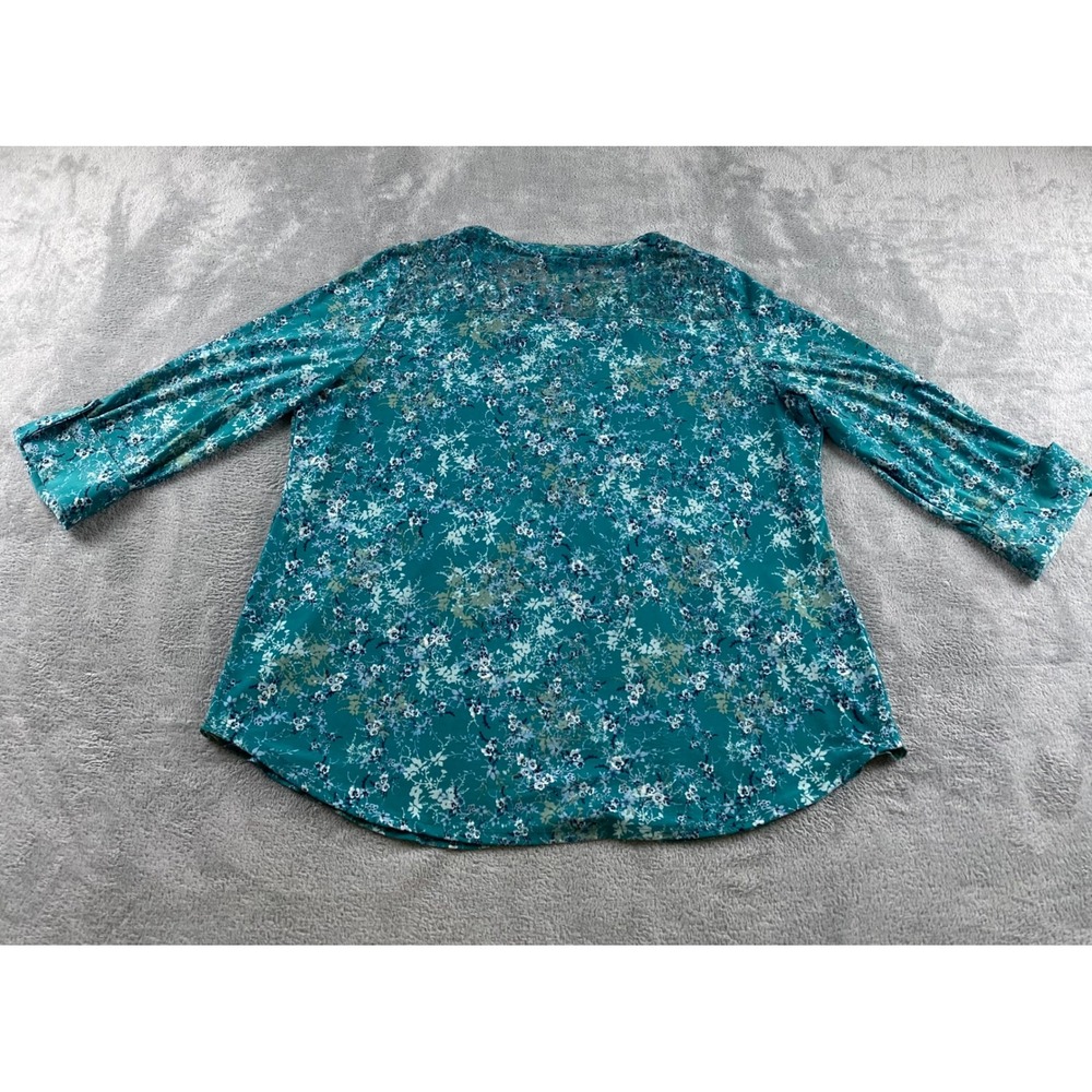 Ava & Grace Womens XL Teal Floral Pintuck Lace Yoke 3/4 Roll Tab Sleeve Blouse - Picture 13 of 14